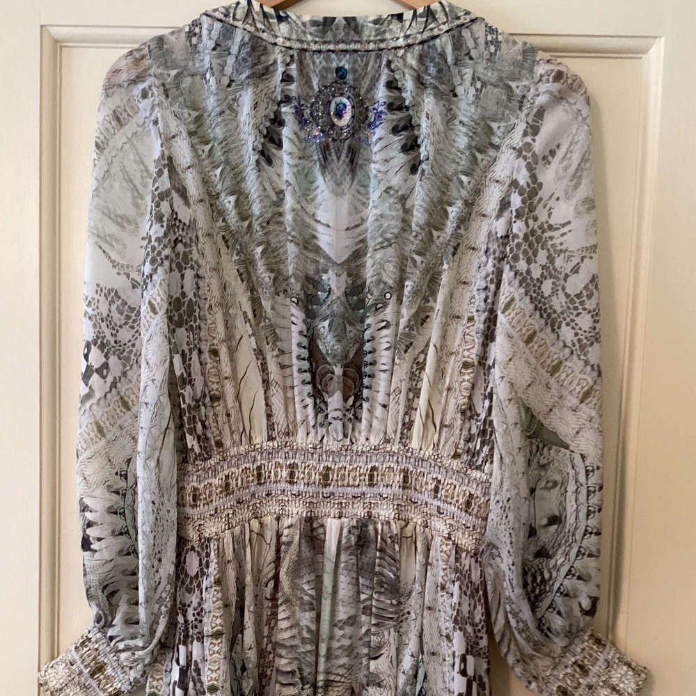 Camilla 100% Silk Daintree Dreaming Lace Up Shirred Waist Dress Blouson Sleeves - Picture 12 of 16